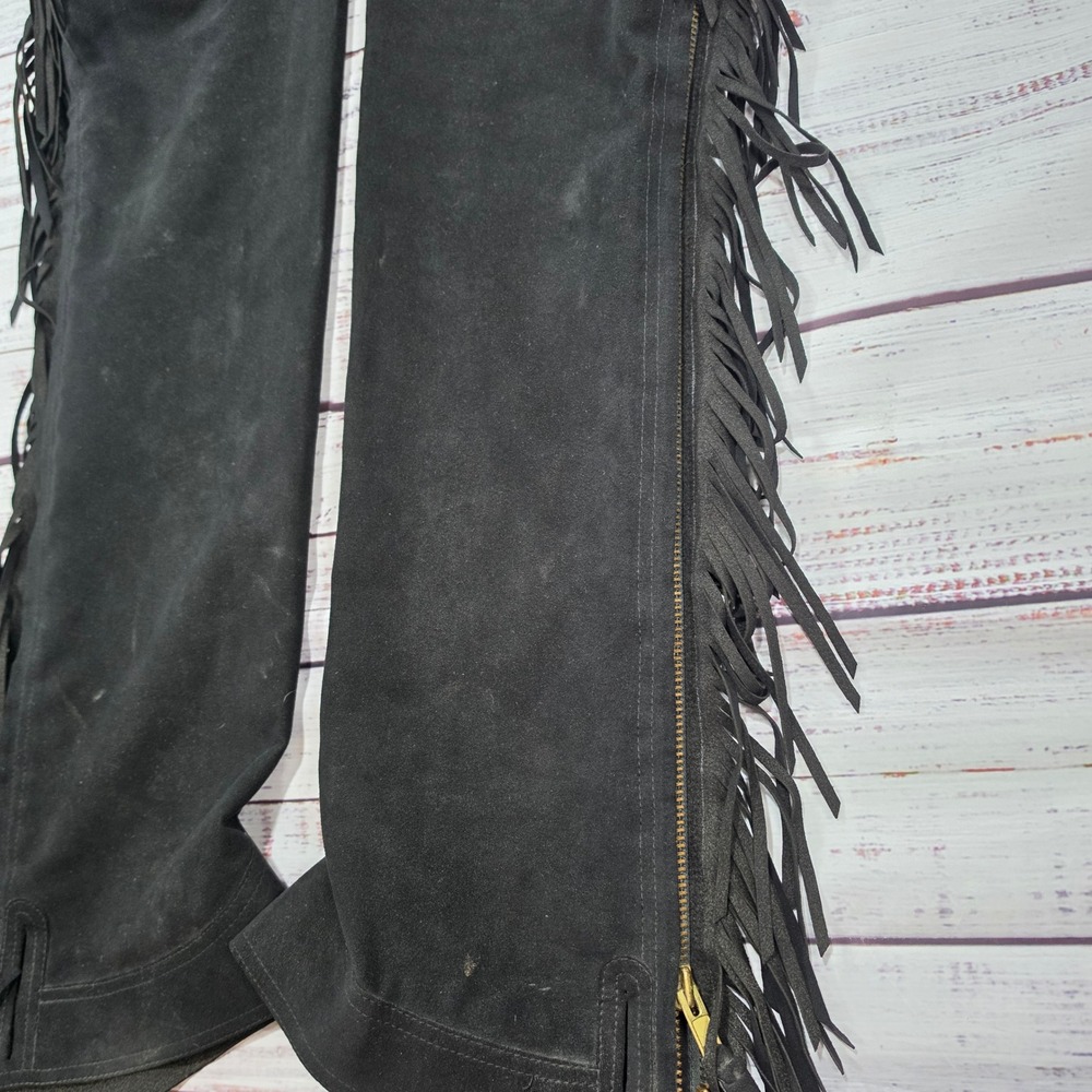 Hobby Horse Show Chaps Womens Medium Black Good Ultrasuede Fringe Western Riding - Picture 6 of 16